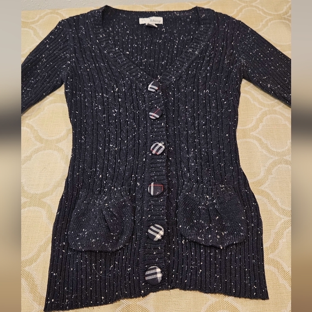 Vintage iDaisy sz. M Short Sleeve V Neck Knit Sweater Cardigan w Plaid Buttons